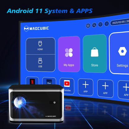 Auto-Focus Smart Projector with Android 11, 4K Resolution, 580 ANSI Lumens, Wi-Fi 6, Bluetooth 5.0, Allwinner H713, Voice Control for Home Cinema - Model HY350