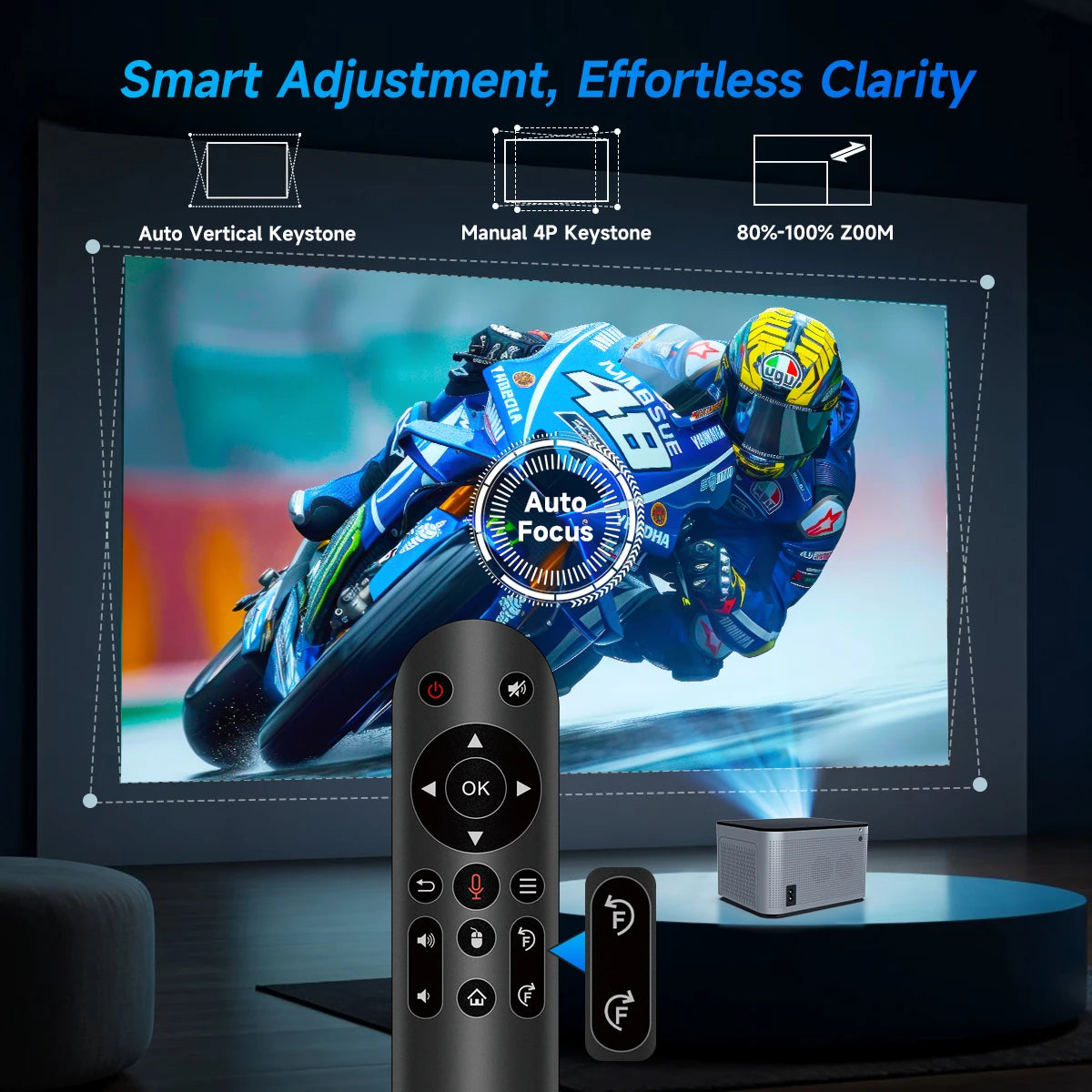 Auto-Focus Smart Projector with Android 11, 4K Resolution, 580 ANSI Lumens, Wi-Fi 6, Bluetooth 5.0, Allwinner H713, Voice Control for Home Cinema - Model HY350